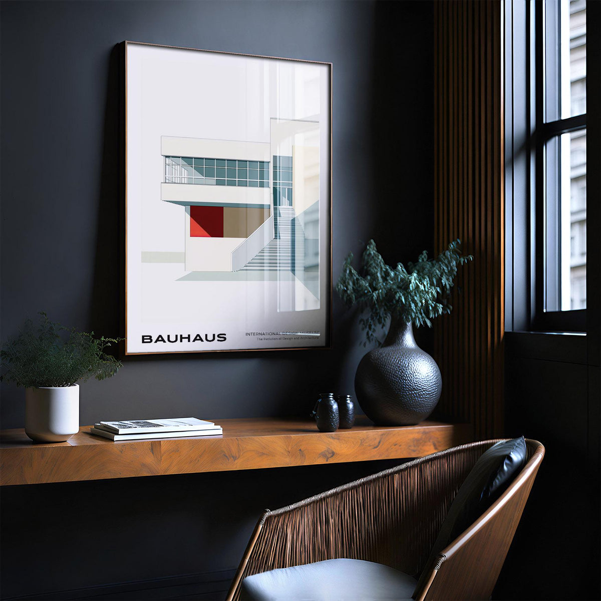 Architecture posters of modern building stairs in muted tones above a wooden shelf with plants
