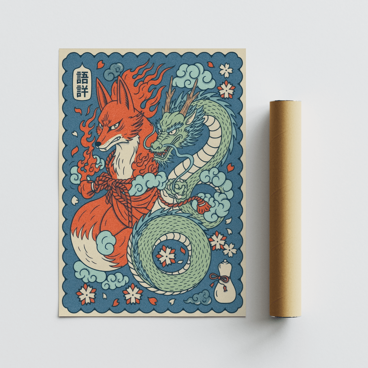 Mythical Creature wall art of a fox and dragon in Japanese ink style with a packaging tube