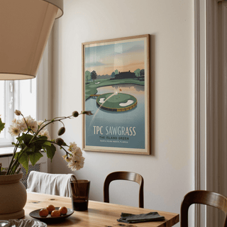 Island Green Golf wall art depicting a minimalist golf green island in muted greens and blues in a dining room