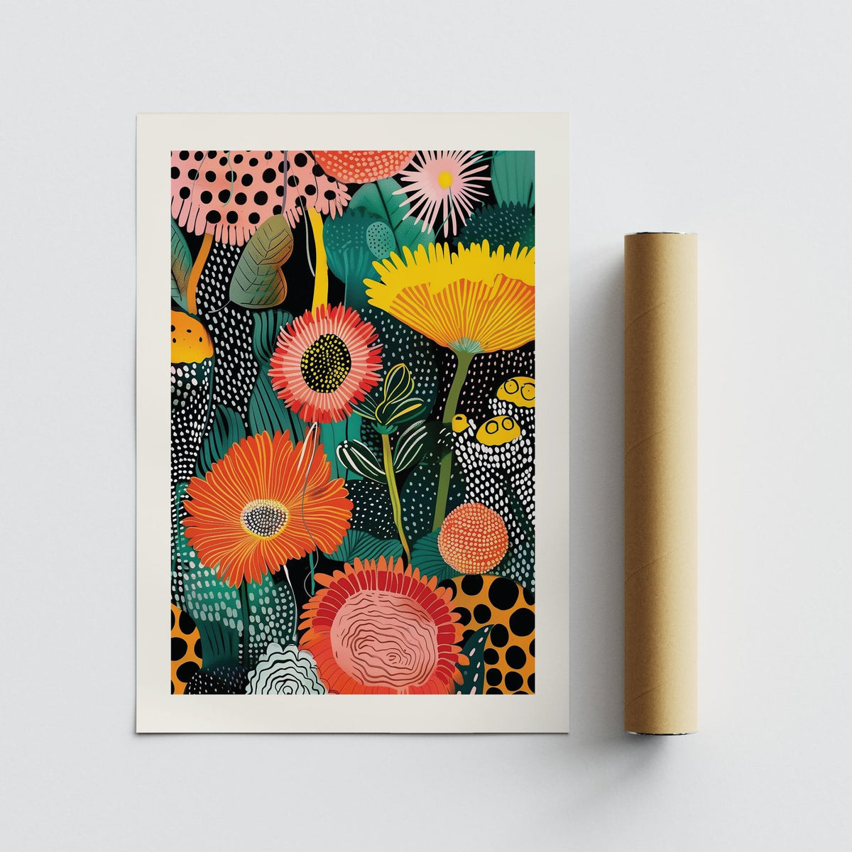 Beautiful Flower Art print with colourful abstract flowers next to a packaging tube