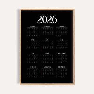 Framed Modern Calendar Print with a minimalist 2026 design in white and orange on black
