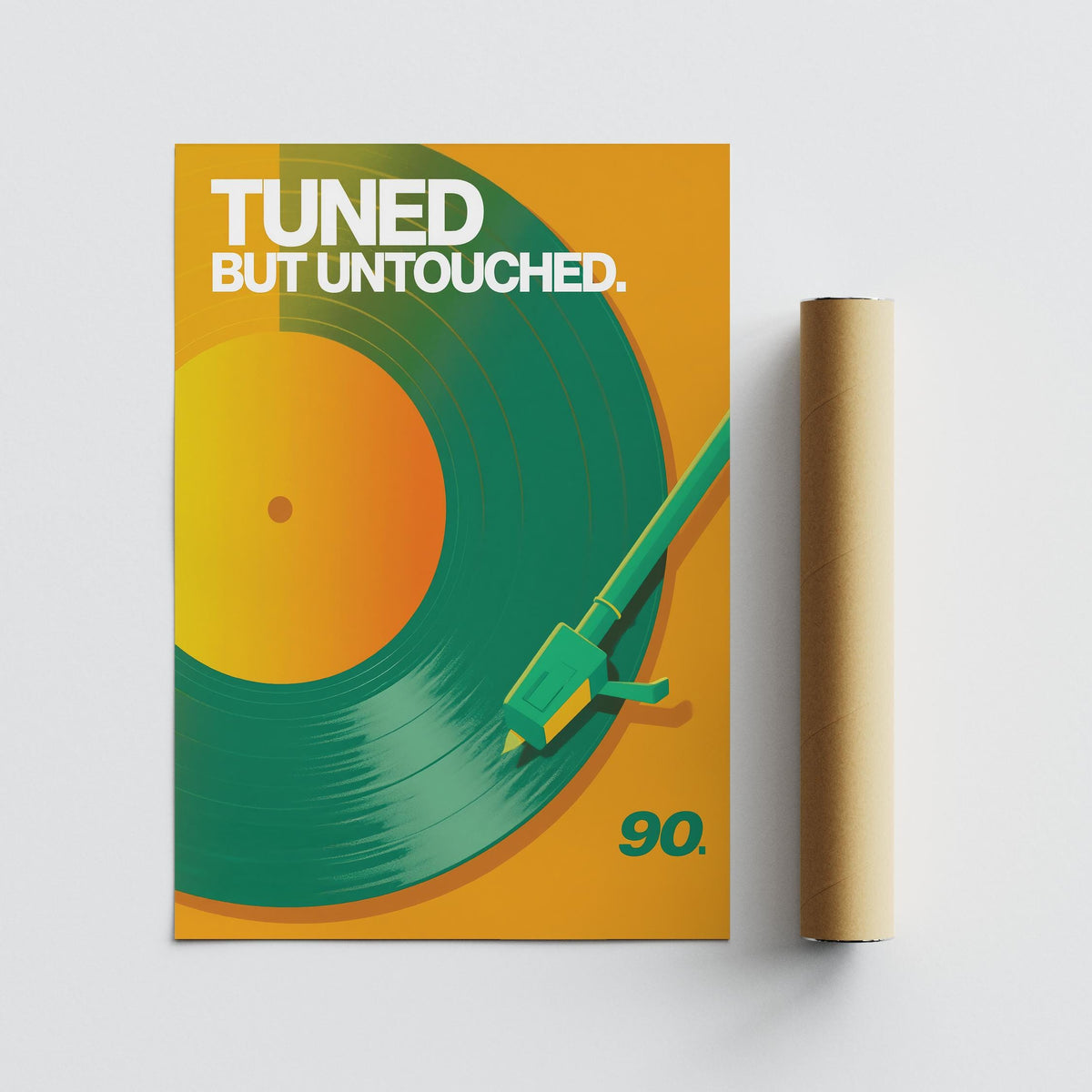 Vinyl Record Art Print of a stylised green vinyl and player arm on an orange background alongside a brown packaging tube