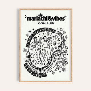 Framed Mariachi Art Print with black line-art musicians and piano keyboard pattern