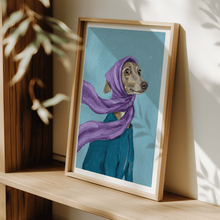 Framed close-up of dressed up dog art showing a dog in a purple scarf leaning on a shelf with soft shadows