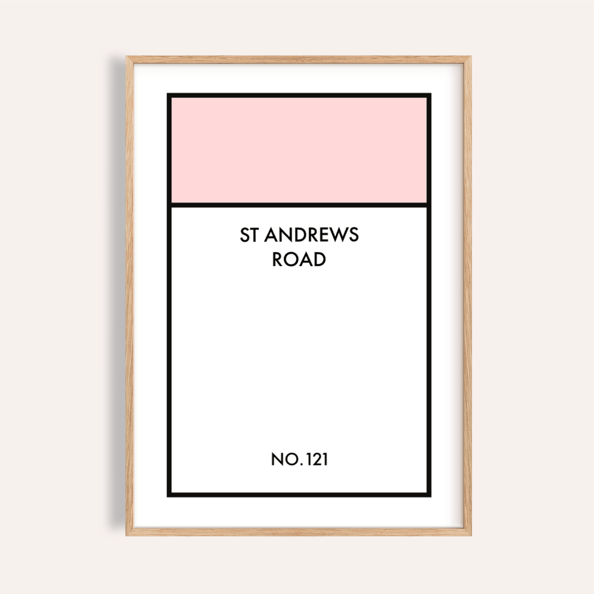 Street Name Family Personal print of a pink and white typographic street sign in a wooden frame