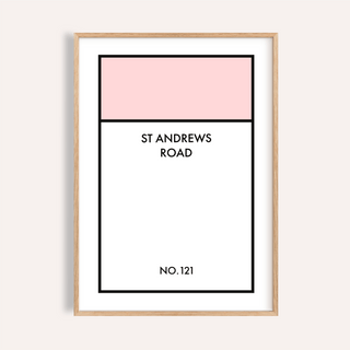 Street Name Family Personal print of a pink and white typographic street sign in a wooden frame