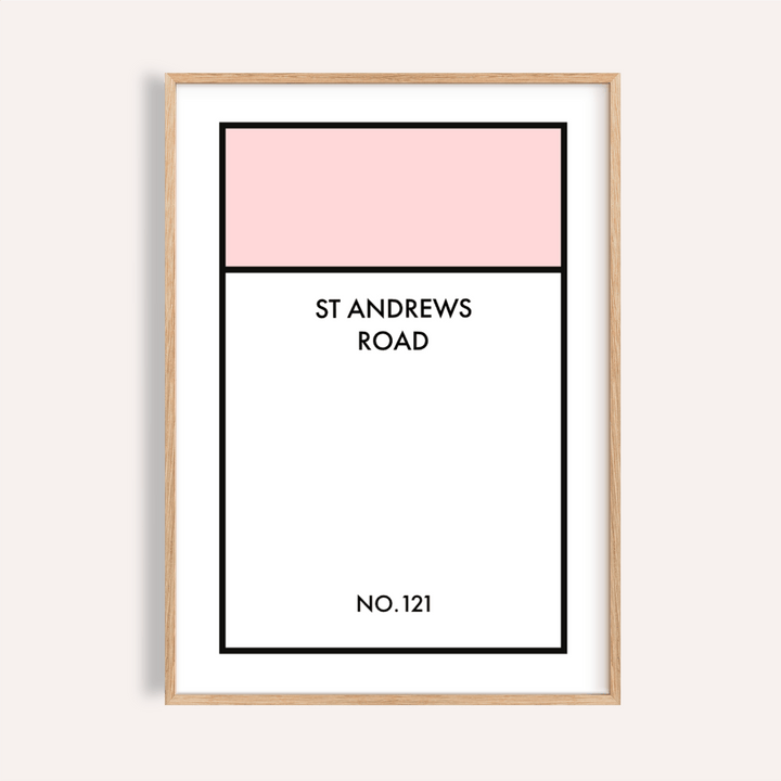Street Name Family Personal print of a pink and white typographic street sign in a wooden frame