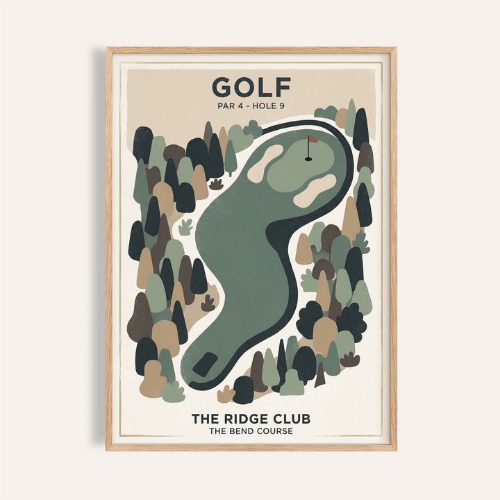 Framed Golf Landscape Print showing minimalist golf course hole with green fairway and surrounding trees