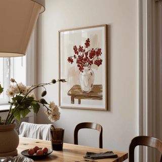 Red Berries Poster watercolour print of red berries in vase above a dining table with flowers