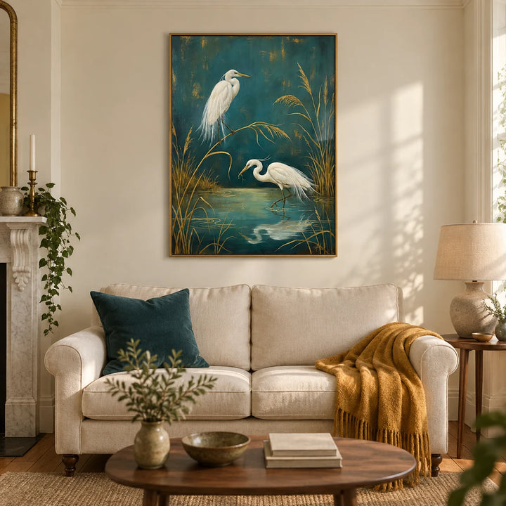 Egret Wall Art, framed on the wall of a calm living room in a Victorian terrace with warm ivory walls