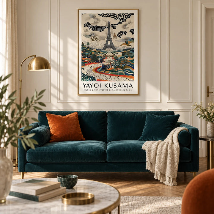 Eiffel Tower Print, framed on the wall of a Parisian-style living room with a warm cream wall