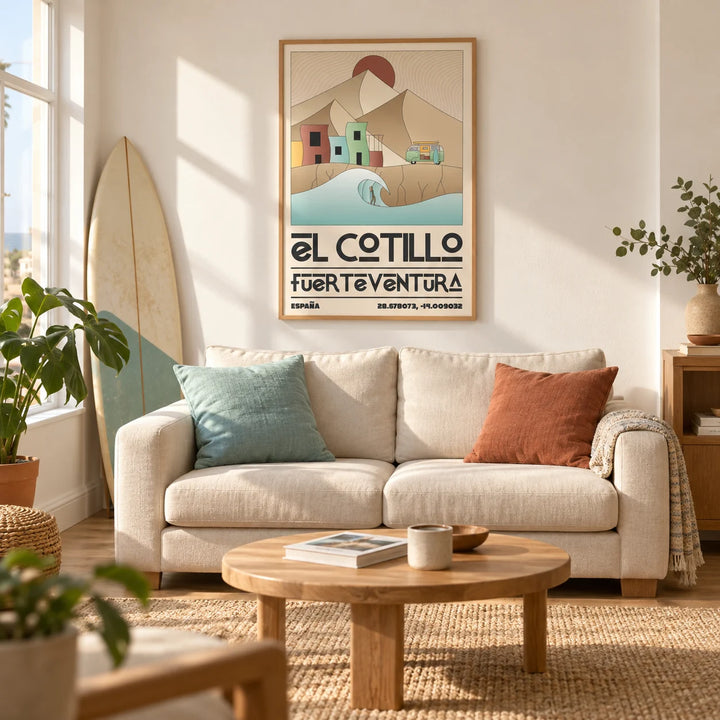 El Cotillo Surfing Poster, framed on the wall of a modern coastal living room in a UK first flat for a surfing enthusiast (25-35)
