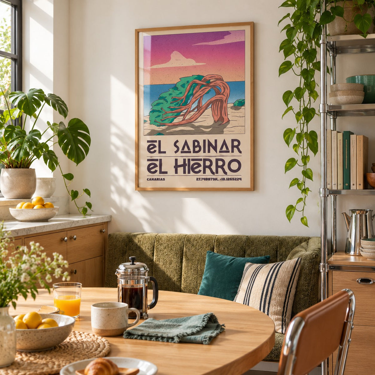 El Hierro Poster hung above a breakfast nook in a city apartment kitchen (frame not included)
