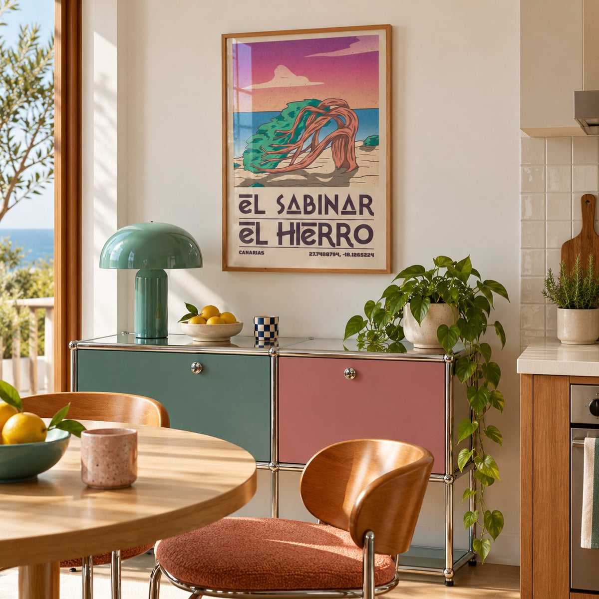 El Hierro Poster hung above a retro sideboard in a kitchen dining area (frame not included)