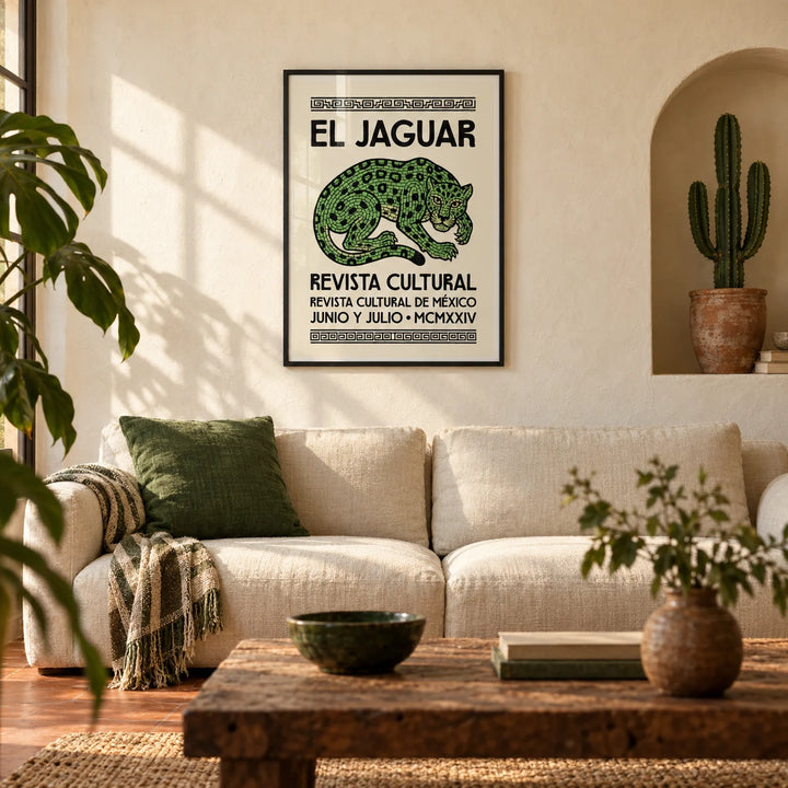 El Jaguar Poster, framed on the wall of a warm Mexican-modern living room with a cream limewashed wall and a plain terracotta floor