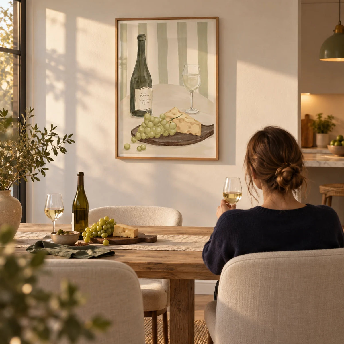 Elegant Dining Room Print, framed on the wall of a bright kitchen-diner