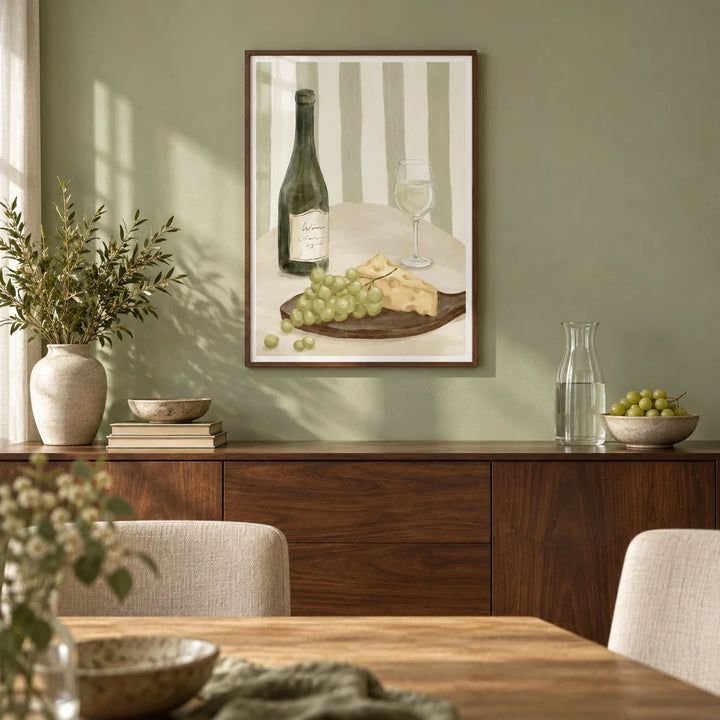Elegant Dining Room Print, framed on the wall of an elegant dining room with a soft sage green wall