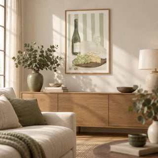 Elegant Dining Room Print, framed on the wall of a soft neutral living room