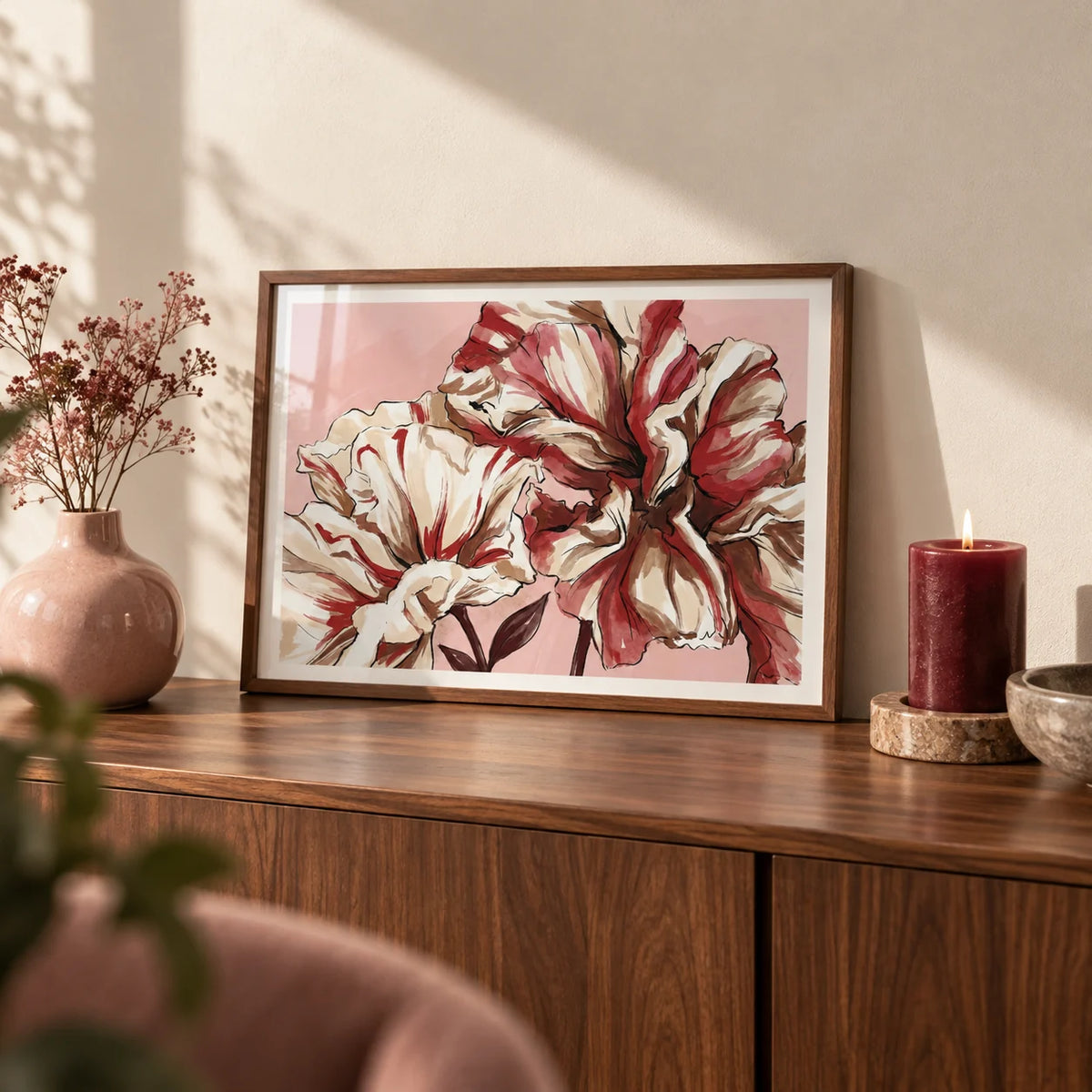 Elegant Floral Art, a small A4 framed print leaning on a walnut side table in a hallway