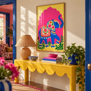 Elephant Art Print, framed on the wall of a colourful hallway