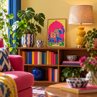 Elephant Art Print, a small A4 framed print leaning on a low bookshelf in a living room