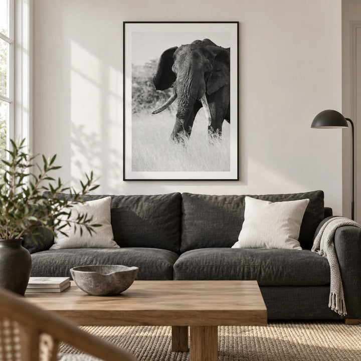Elephant Black And White Art Print, framed on the wall of a calm contemporary living room in a UK terraced house with a soft white wall and oak floor