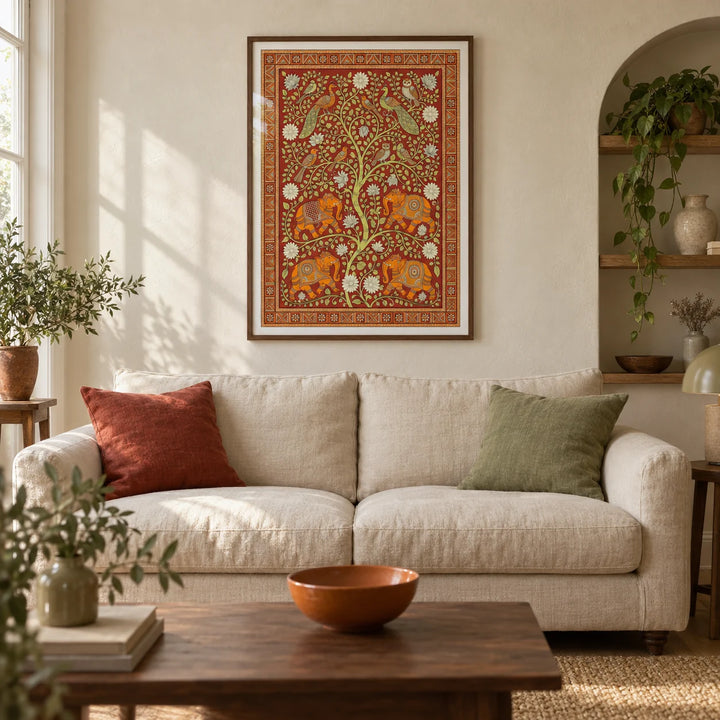 Elephant Tree Wall Art, framed on the wall of a warm living room in a British terraced house with cream limewashed walls