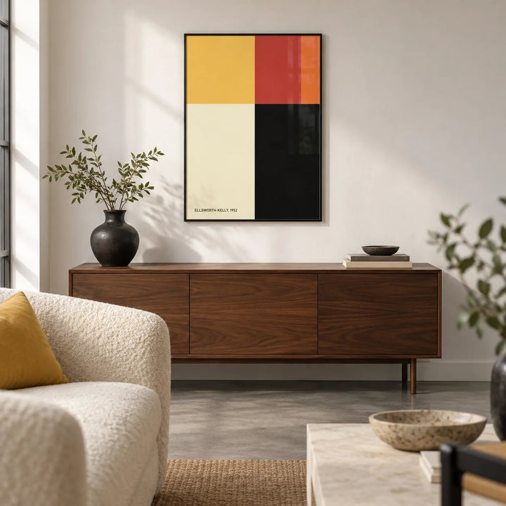 Ellsworth Kelly Poster, framed on the wall of a design-led city flat living room with a white wall and a polished concrete floor