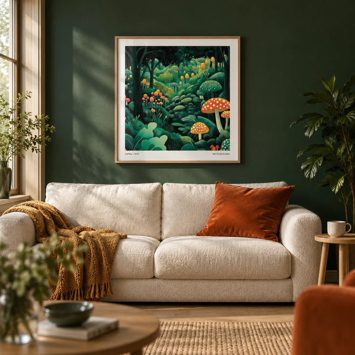 Enchanted Forest Wall Art, framed on the wall of a cosy living room with a deep forest green painted wall and a light oak floor