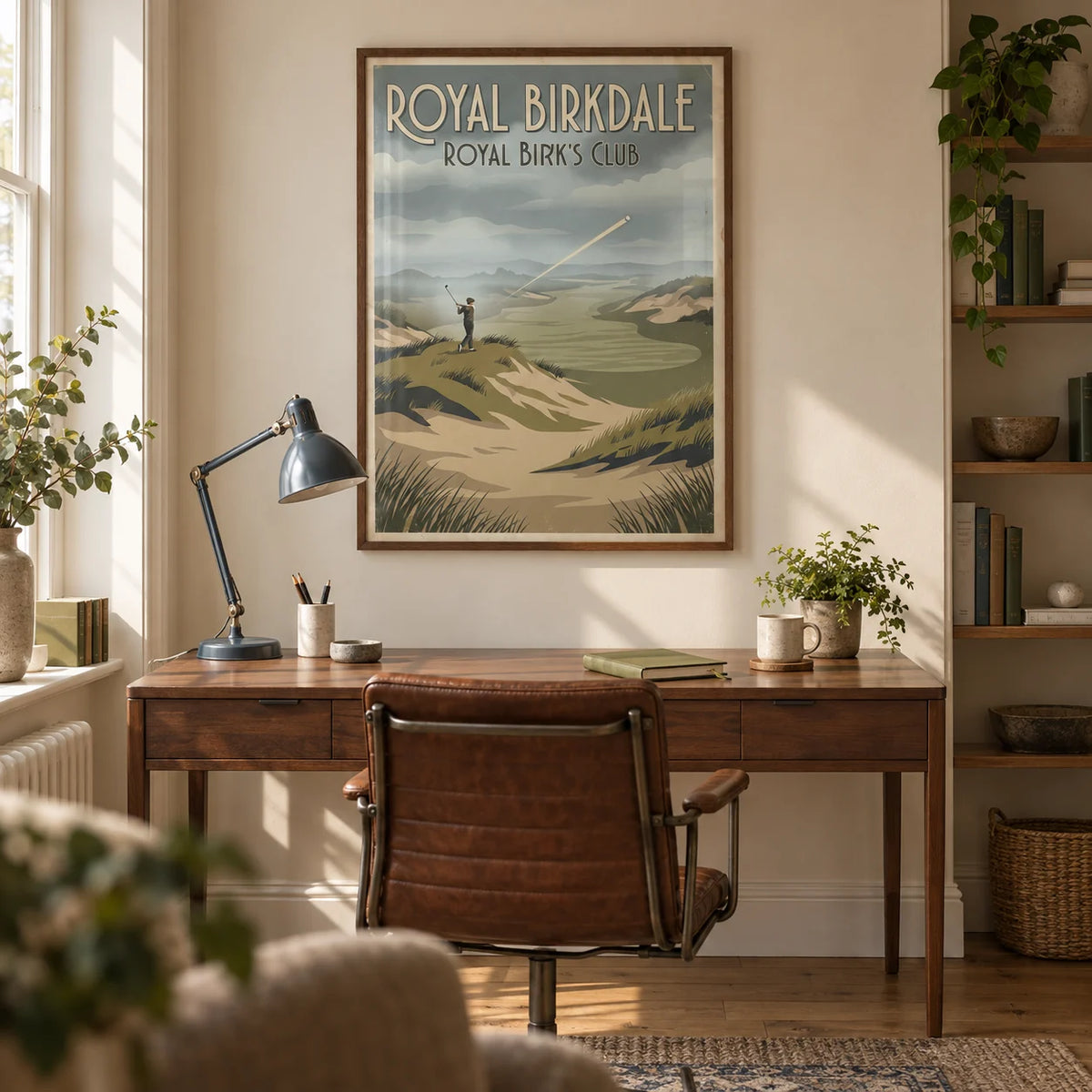 English Links Golf Art, framed on the wall of a characterful study in a British terraced house with warm cream walls and oak floorboards