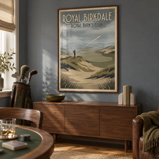 English Links Golf Art, framed on the wall of a compact golf enthusiast's games room in a converted UK spare room with a muted blue grey wall and warm timber flooring in a living room
