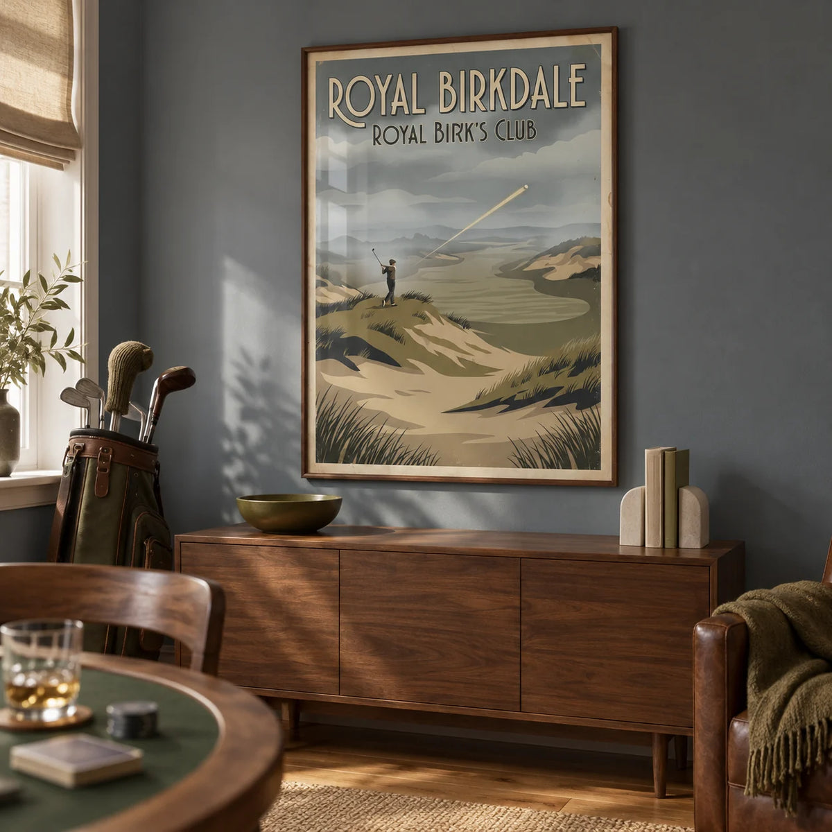 English Links Golf Art, framed on the wall of a compact golf enthusiast's games room in a converted UK spare room with a muted blue grey wall and warm timber flooring in a living room