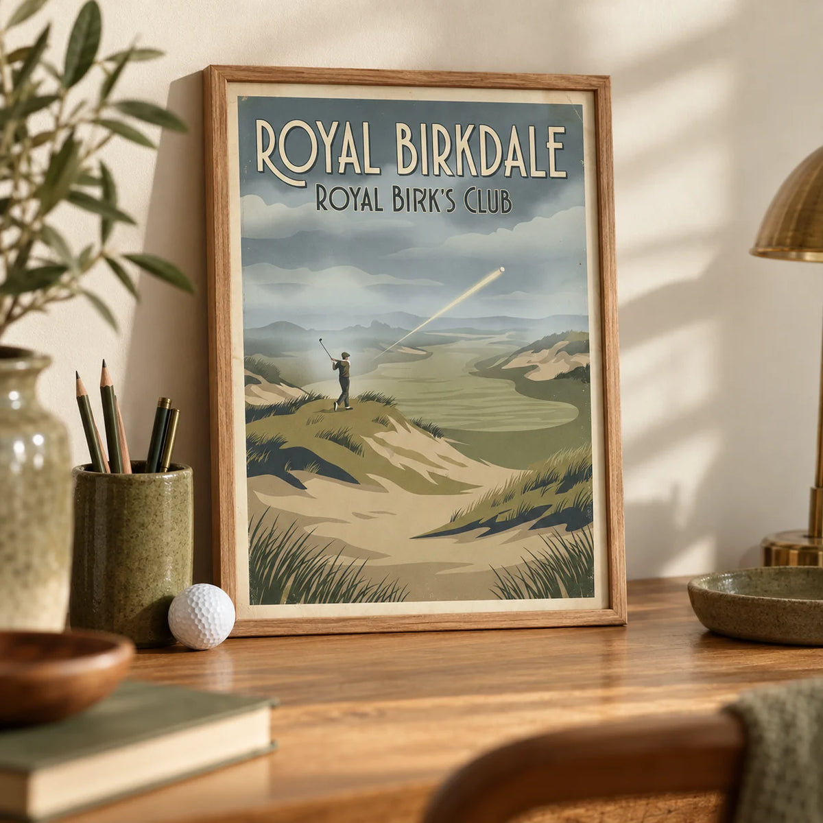 English Links Golf Art, a small A4 framed print leaning on a honey oak desk