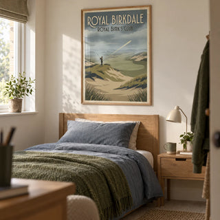 English Links Golf Art, framed on the wall of a young adult golfer's single bedroom (18-25) in a UK family home with a warm white wall