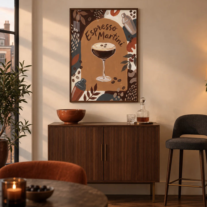 Espresso Martini Wall Art, framed on the wall of a warm contemporary home bar corner in a UK city flat with a cream wall and walnut floor in a living room