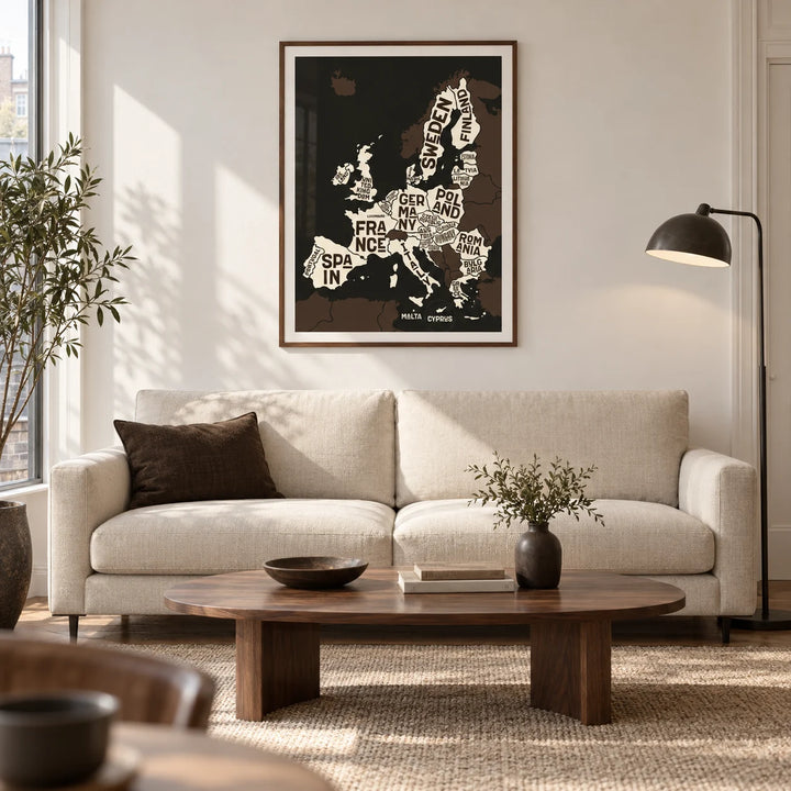 Europe Poster, framed on the wall of a modern living room in a UK city flat with a warm white wall and walnut floor