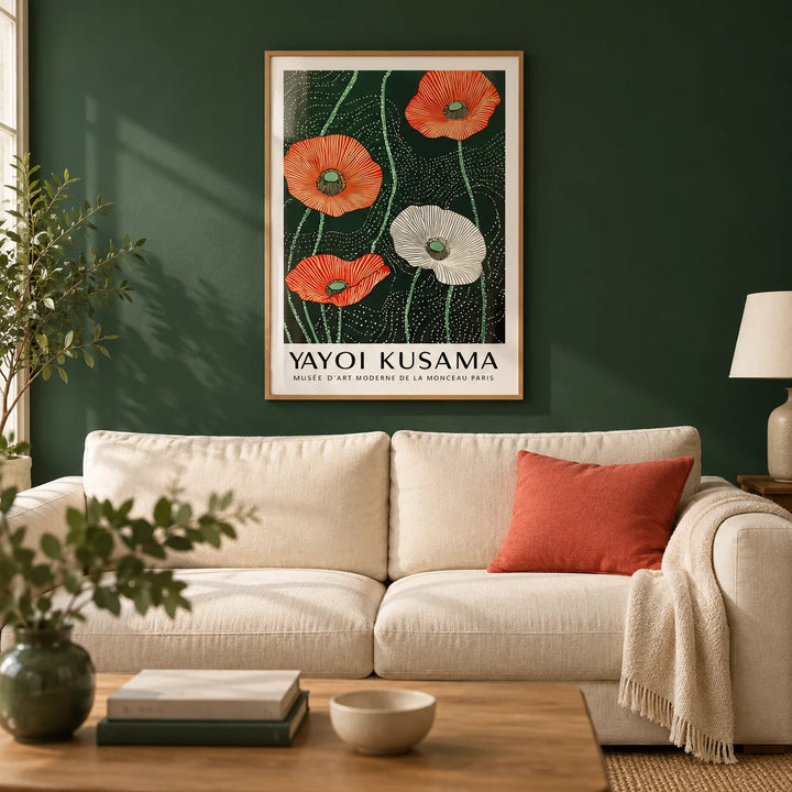 Extra Large Floral Wall Art, framed on the wall of a calm living room with a dark green painted wall