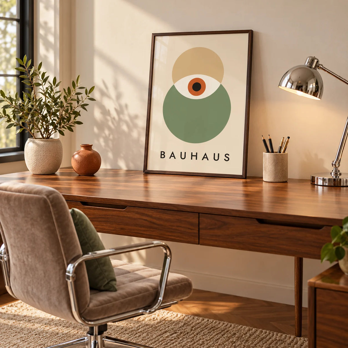 Eye Print, framed on the wall of a home office with a walnut desk and a chrome lamp