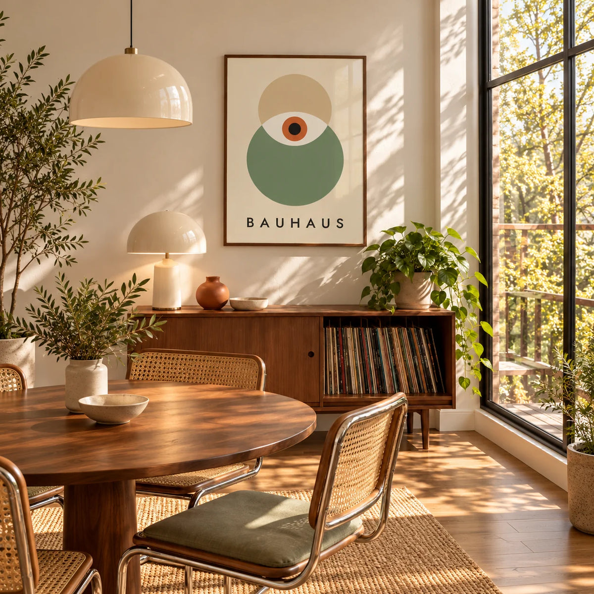 Eye Print, framed on the wall of a mid-century dining room with a walnut sideboard and cane chairs