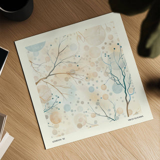 Detail close-up of Neutral Artwork showing delicate tree branches with blue and beige dots on wooden surface