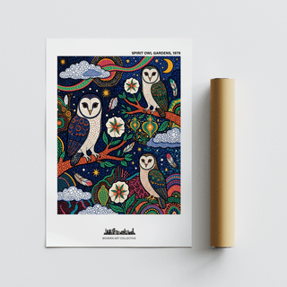 Spiritual Garden Poster print with barn owl trio and colourful rainbows beside a packaging tube