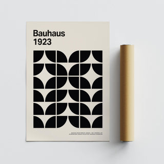 Mid Century Art Prints showing a monochrome Bauhaus geometric pattern with a packaging tube next to it