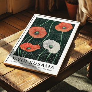 Extra Large Floral Wall Art showing red and white poppies on a dark background on a wooden table with sunlight