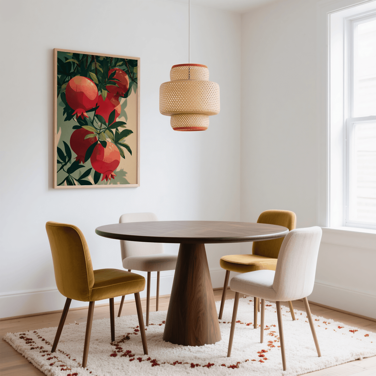 Pomegranate Art Print hanging above a dining table with colourful chairs in a bright room