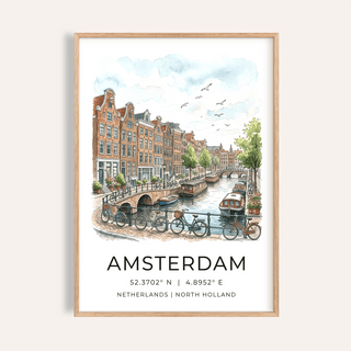 Framed Amsterdam canal art print showing bikes on a bridge and boats on the water