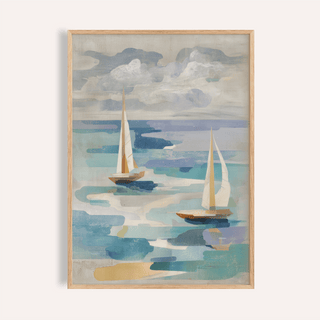 Framed close-up of sailboat water art showing two sailboats in neutral and blue tones