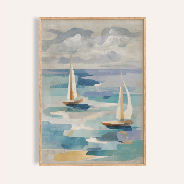 Framed close-up of sailboat water art showing two sailboats in neutral and blue tones
