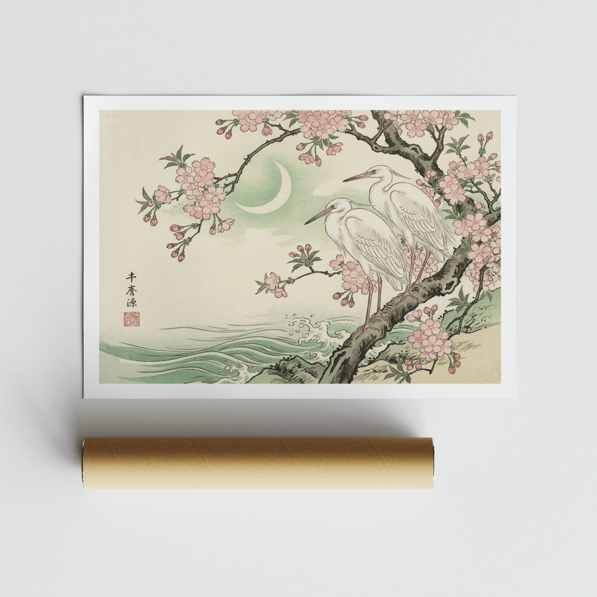 Heron wall art with white herons on a cherry blossom branch beside a crescent moon with packaging tube