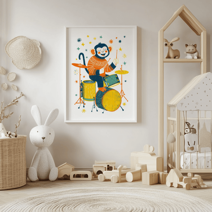 Monkey Drummer art print of a monkey playing drums in orange and yellow in a kids bedroom with toys