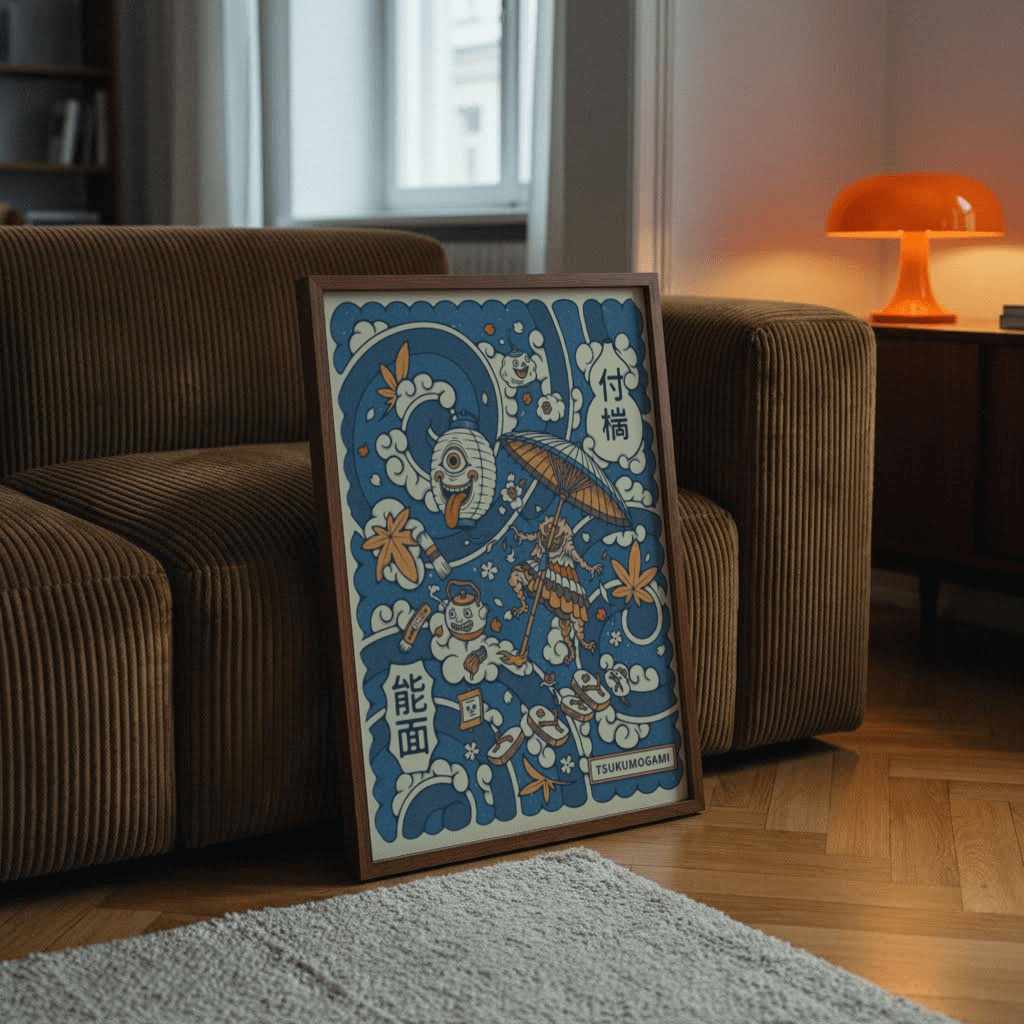 Print leaning on a sofa of tsukumogami art with blue and orange shades and intricate spirits